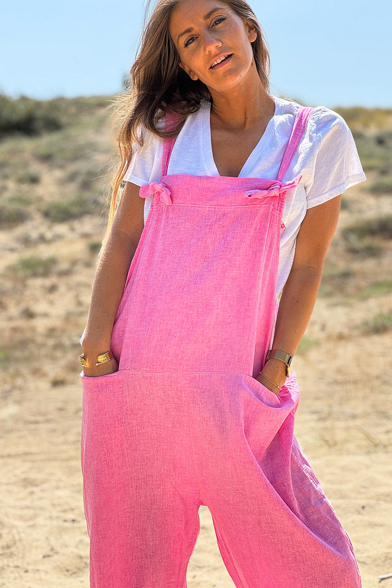 Salopette fluide rose mi coton mi lin bretelles noeuds