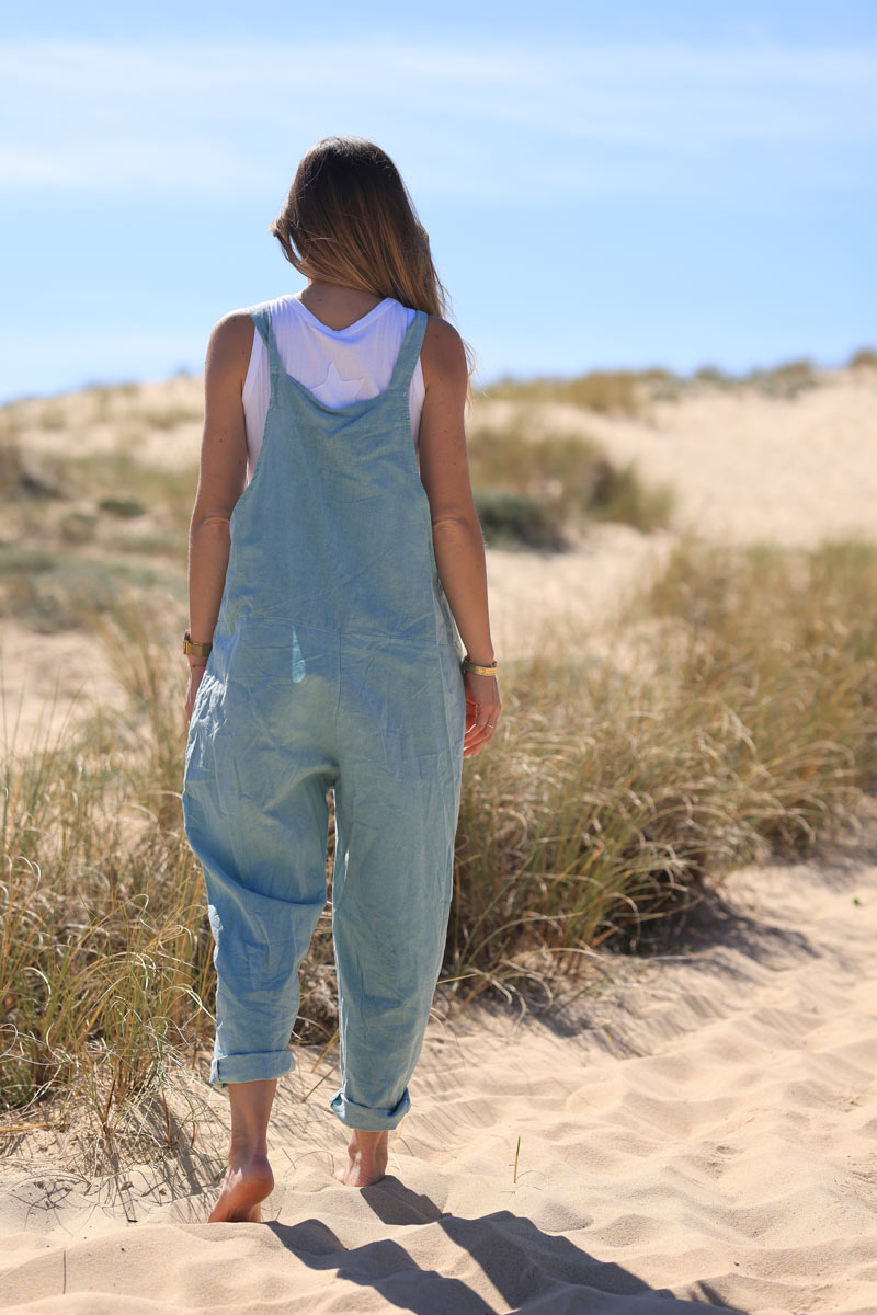 Celadon green cotton and linen flowing overalls