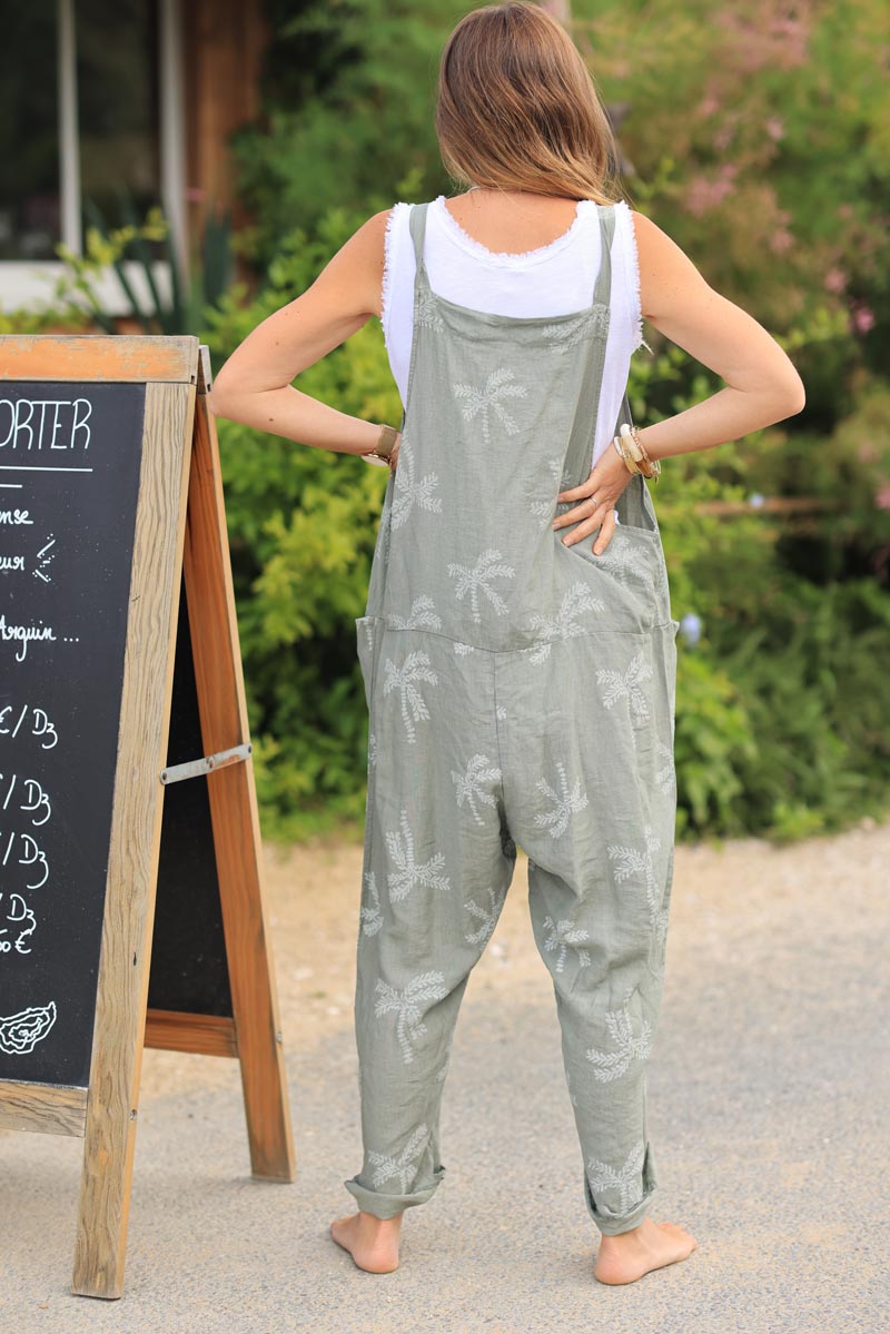 Khaki floaty overalls with palm tree embroidery print