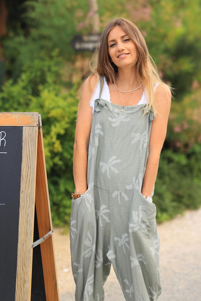 Khaki floaty overalls with palm tree embroidery print