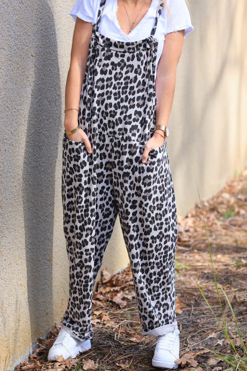 Leopard print stretch cotton flowing overalls