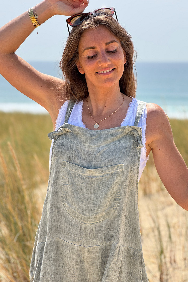 Olive Linen Romper Overalls