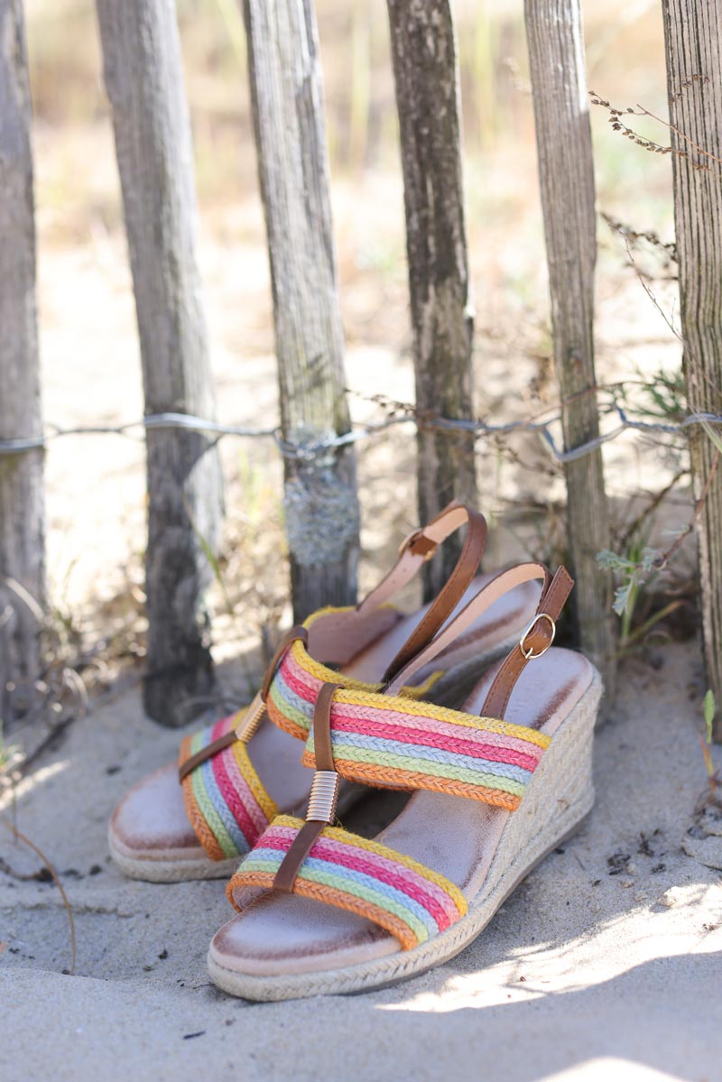 Wedge sandals with multicoloured rope straps