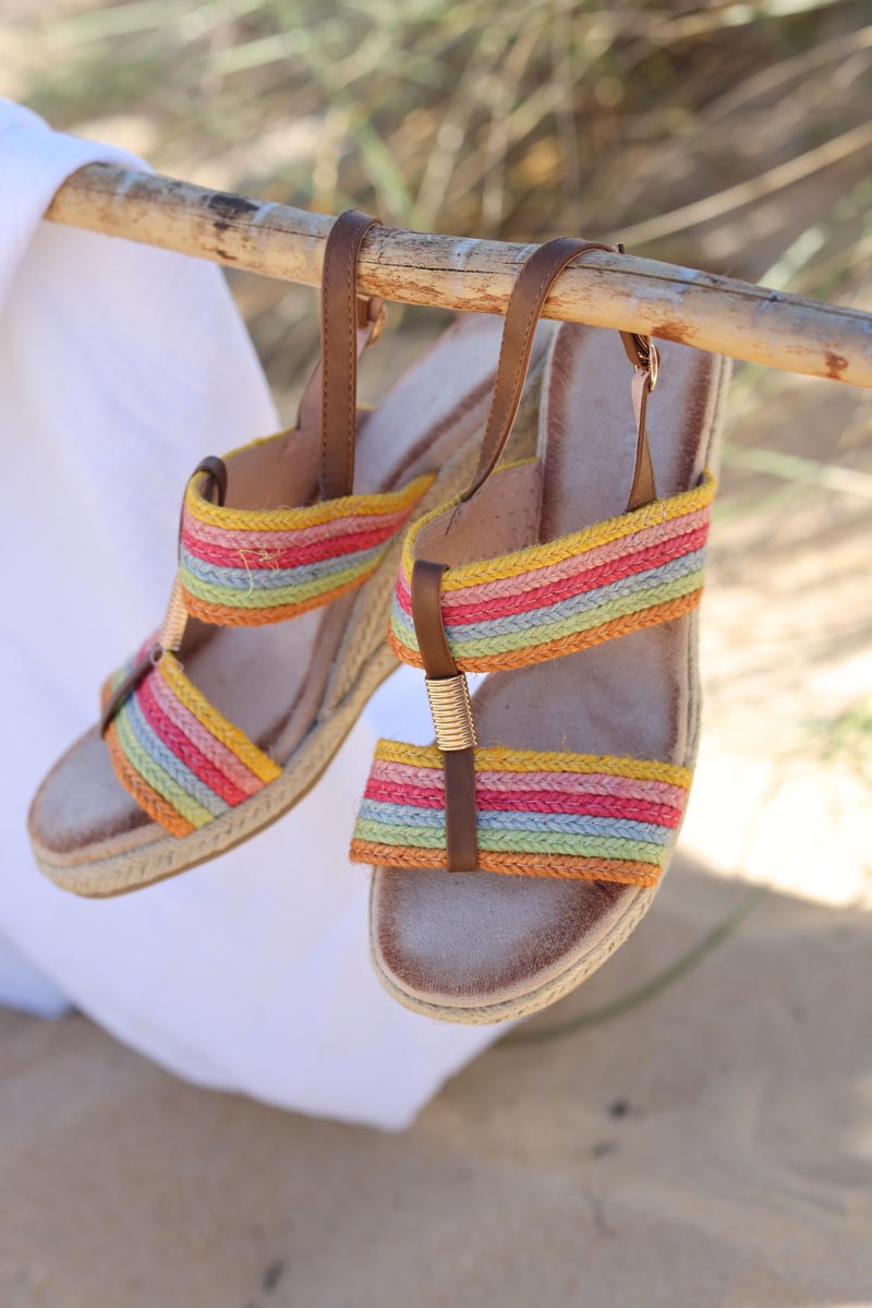 Sandales à talon compensées brides corde multicolore