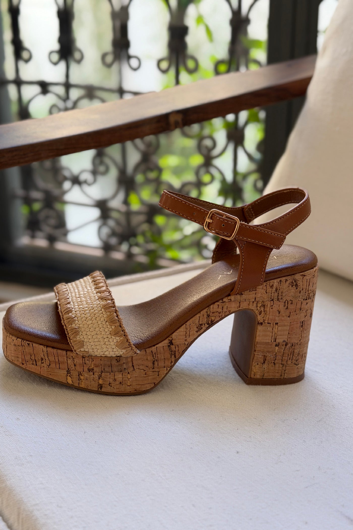 Cream Raffia Strap Cork-Wrapped Platform Sandals