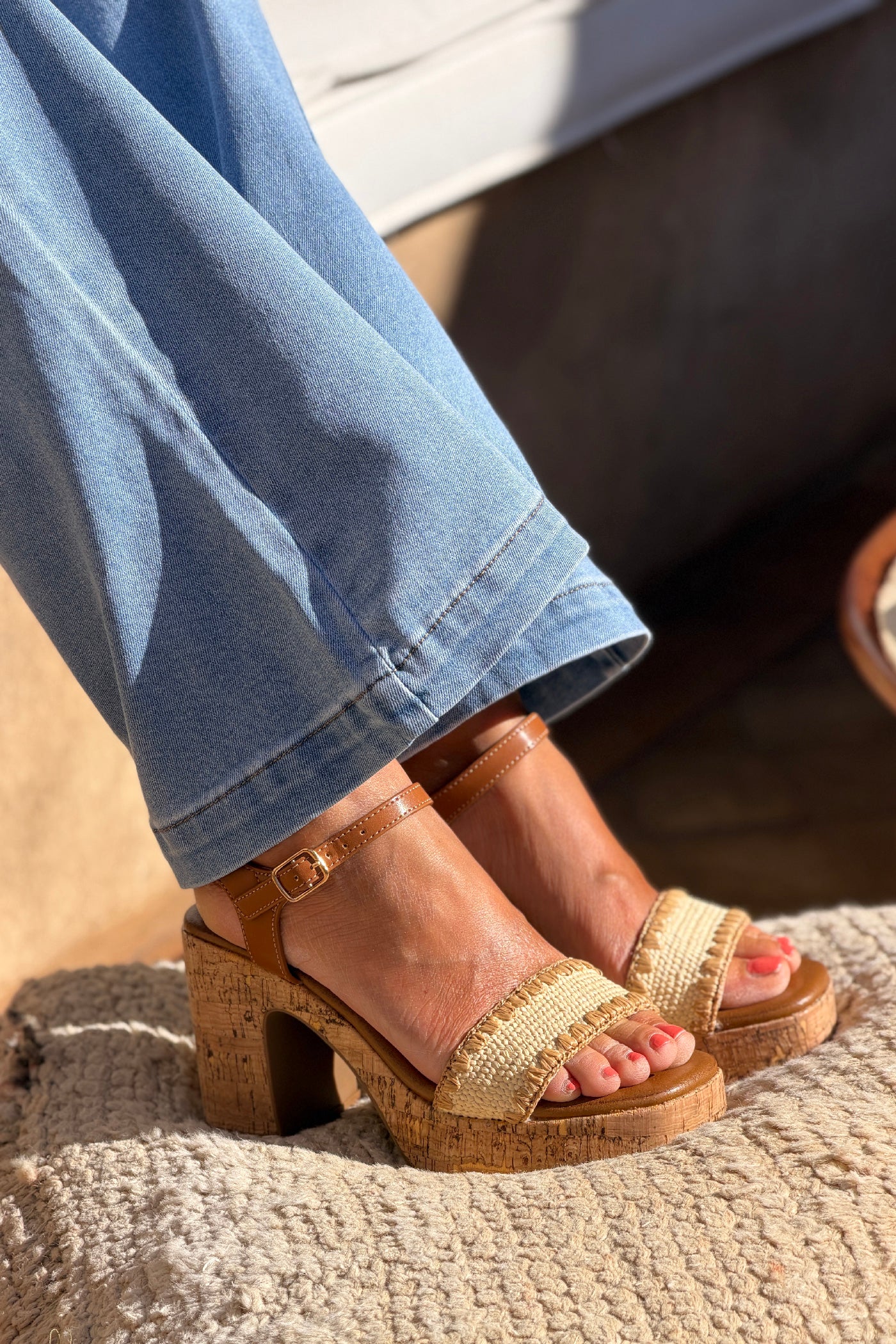 Cream Raffia Strap Cork-Wrapped Platform Sandals