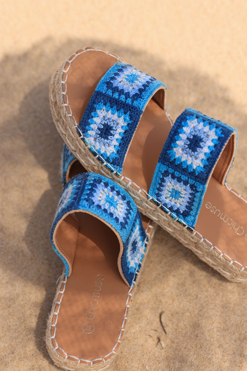 Blue sandals with double colorful crochet straps and rope sole