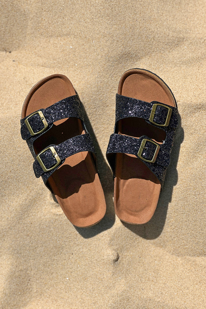Sandales double brides à paillettes noires semelle forme du pied