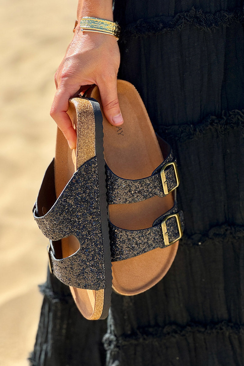 Sandales double brides à paillettes noires semelle forme du pied
