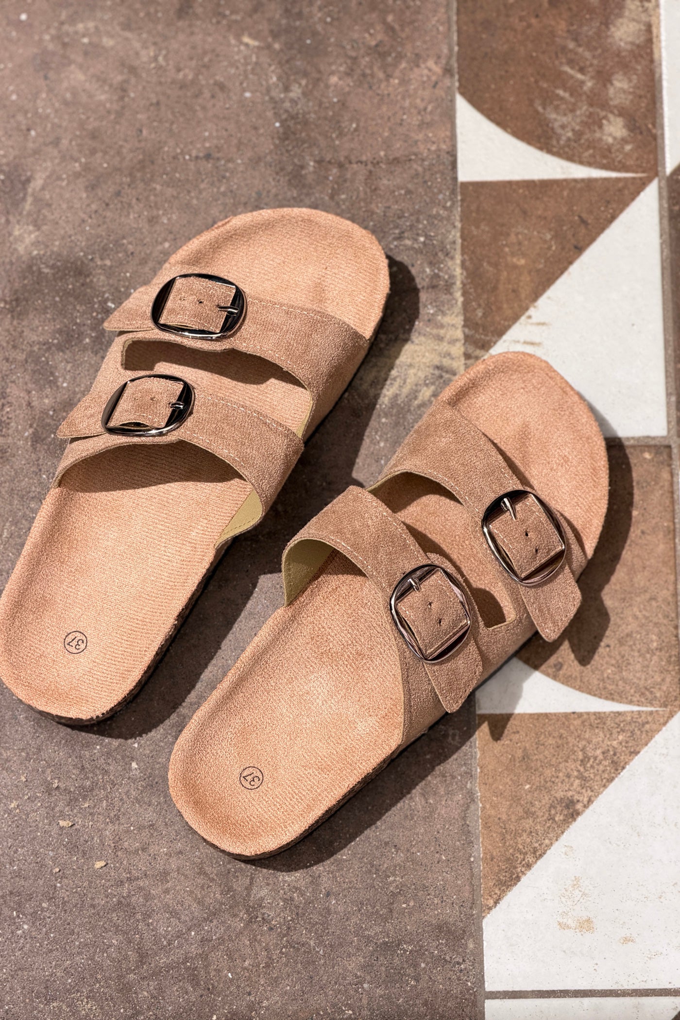 Taupe Suedette Double Buckle Slides