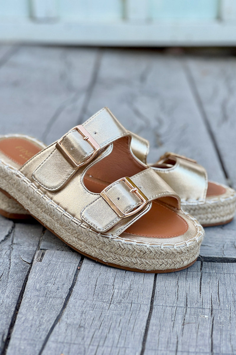 Gold Double Buckle Espadrille Slides