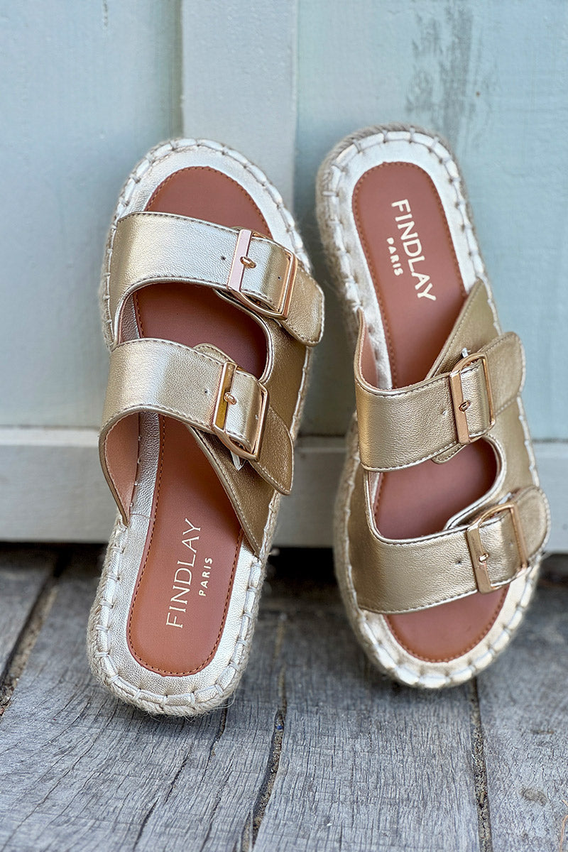 Sandales double brides dorées en simili petite plateforme corde