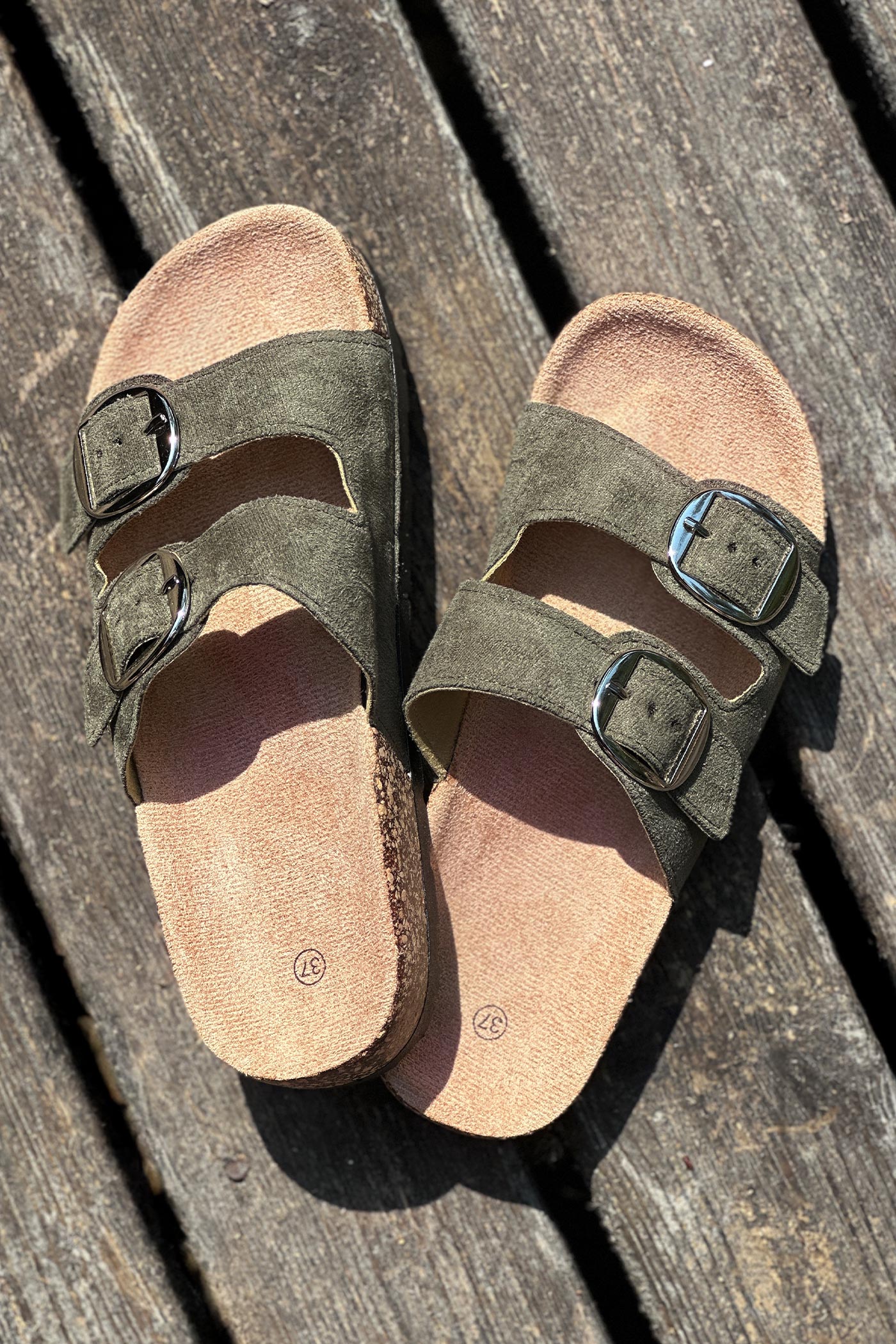Olive Suedette Double Buckle Slides
