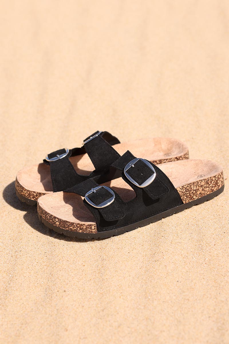 Double strap black sandals with form fitting sole