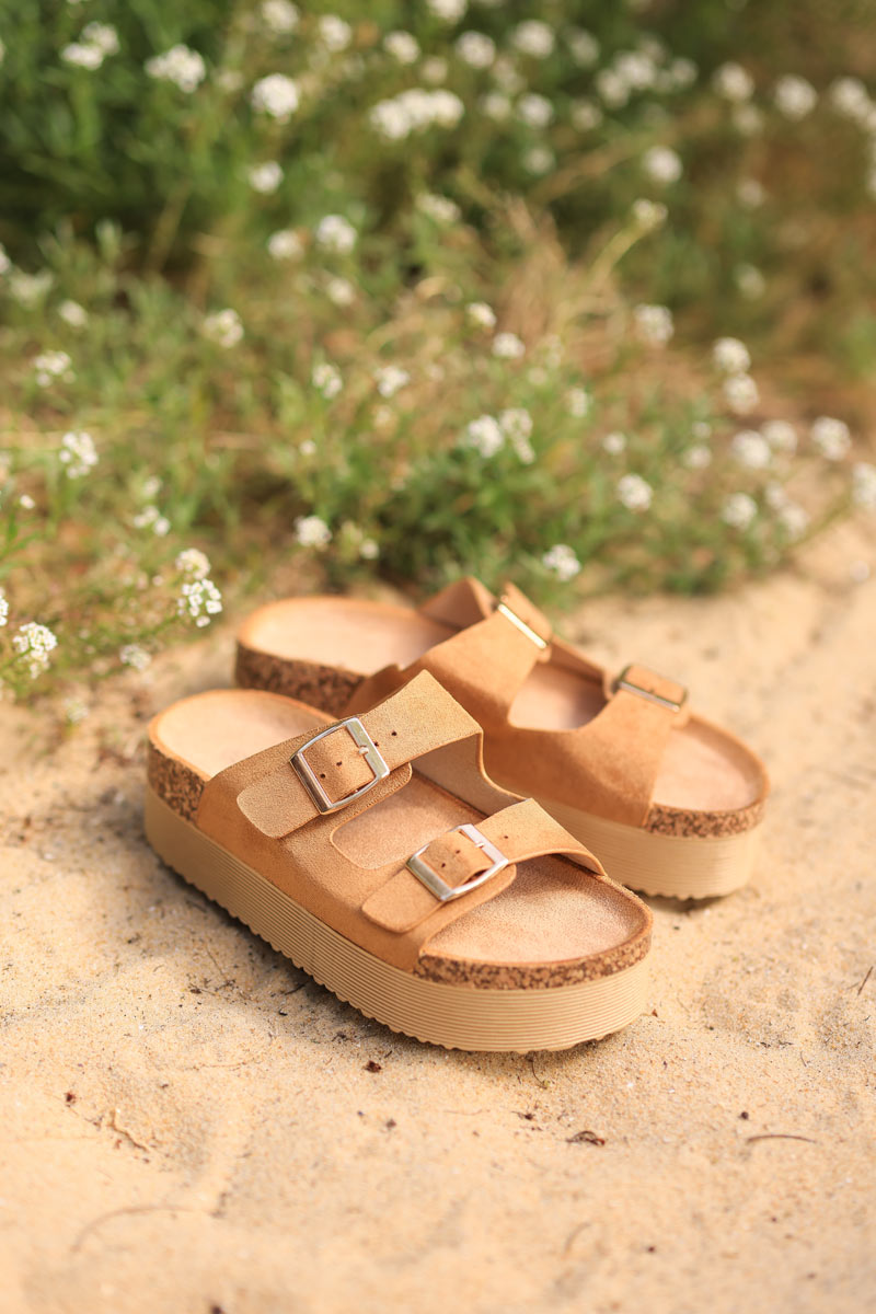 Camel suedette sandals with double straps and flatform