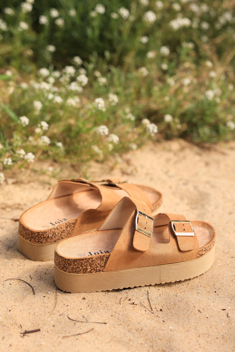 Camel suedette sandals with double straps and flatform