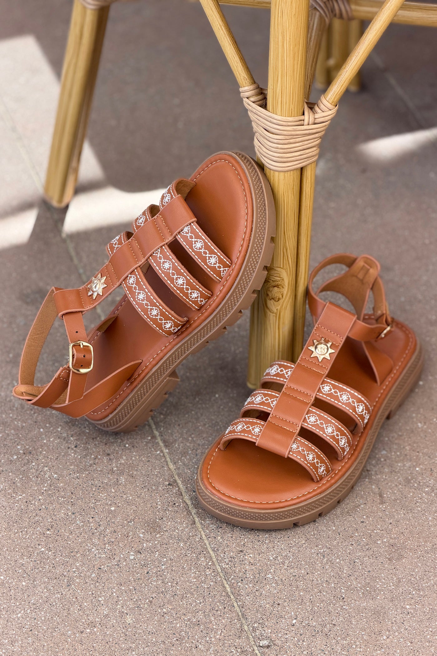 Sandales en simili cuir camel détail broderie blanche pins soleil semelle crantée