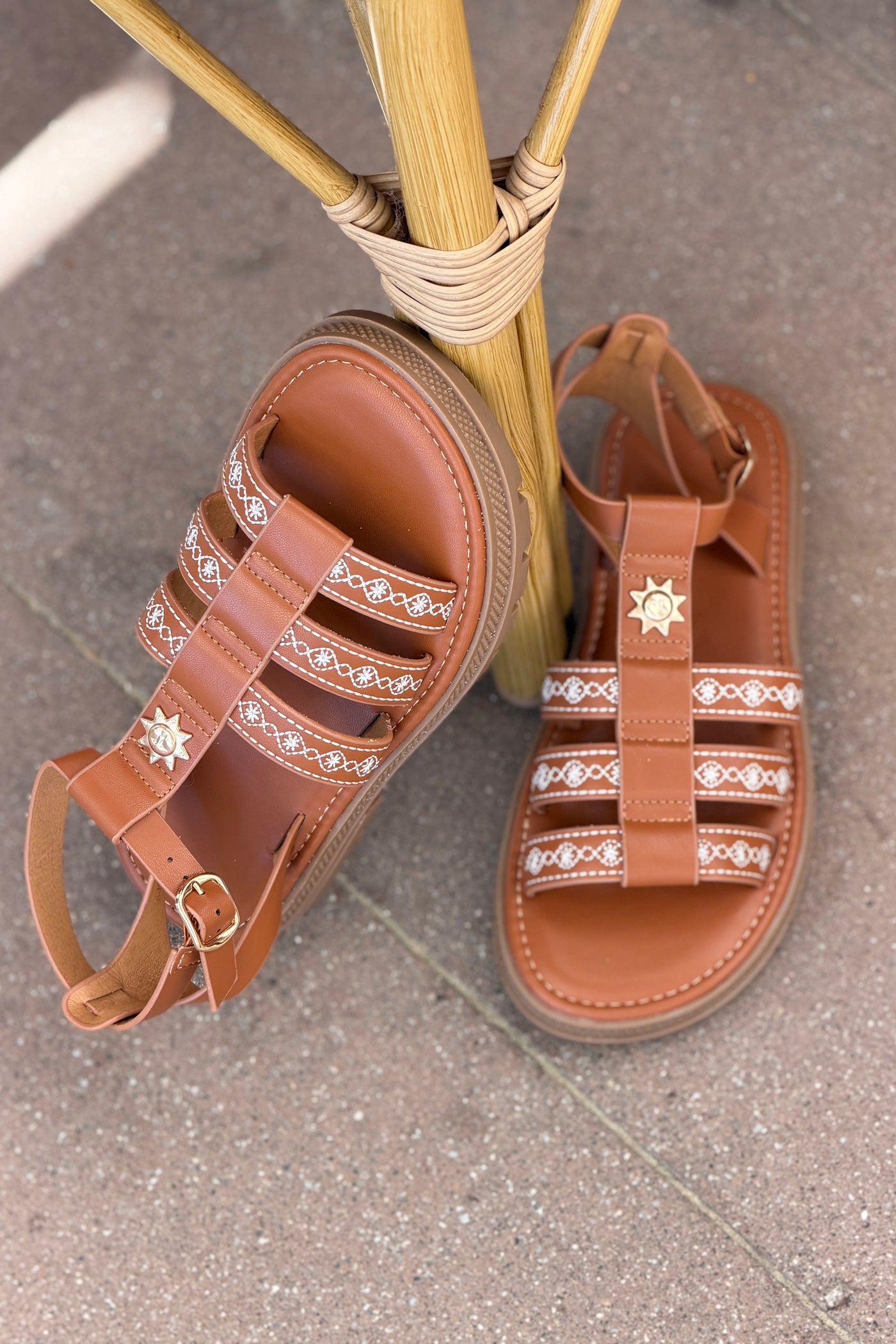 Sandales en simili cuir camel détail broderie blanche pins soleil semelle crantée