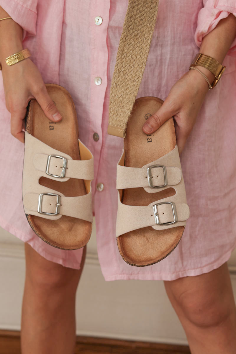 Beige mule sandals with double suedette straps and square buckles
