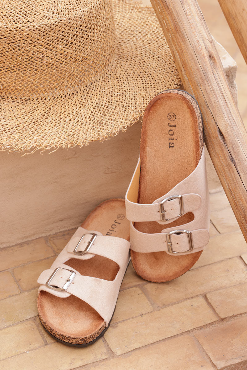 Beige mule sandals with double suedette straps and square buckles