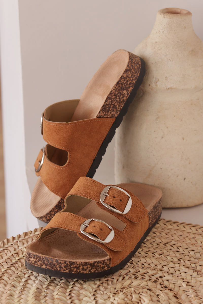 Camel mule sandals with double suedette straps and rounded buckles