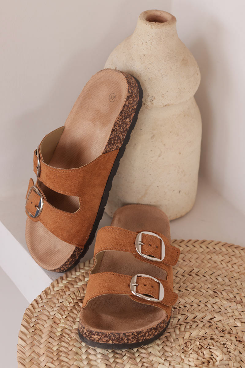 Camel mule sandals with double suedette straps and rounded buckles