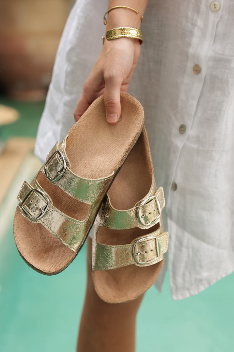 Gold mule sandals with double suedette straps and rounded buckles
