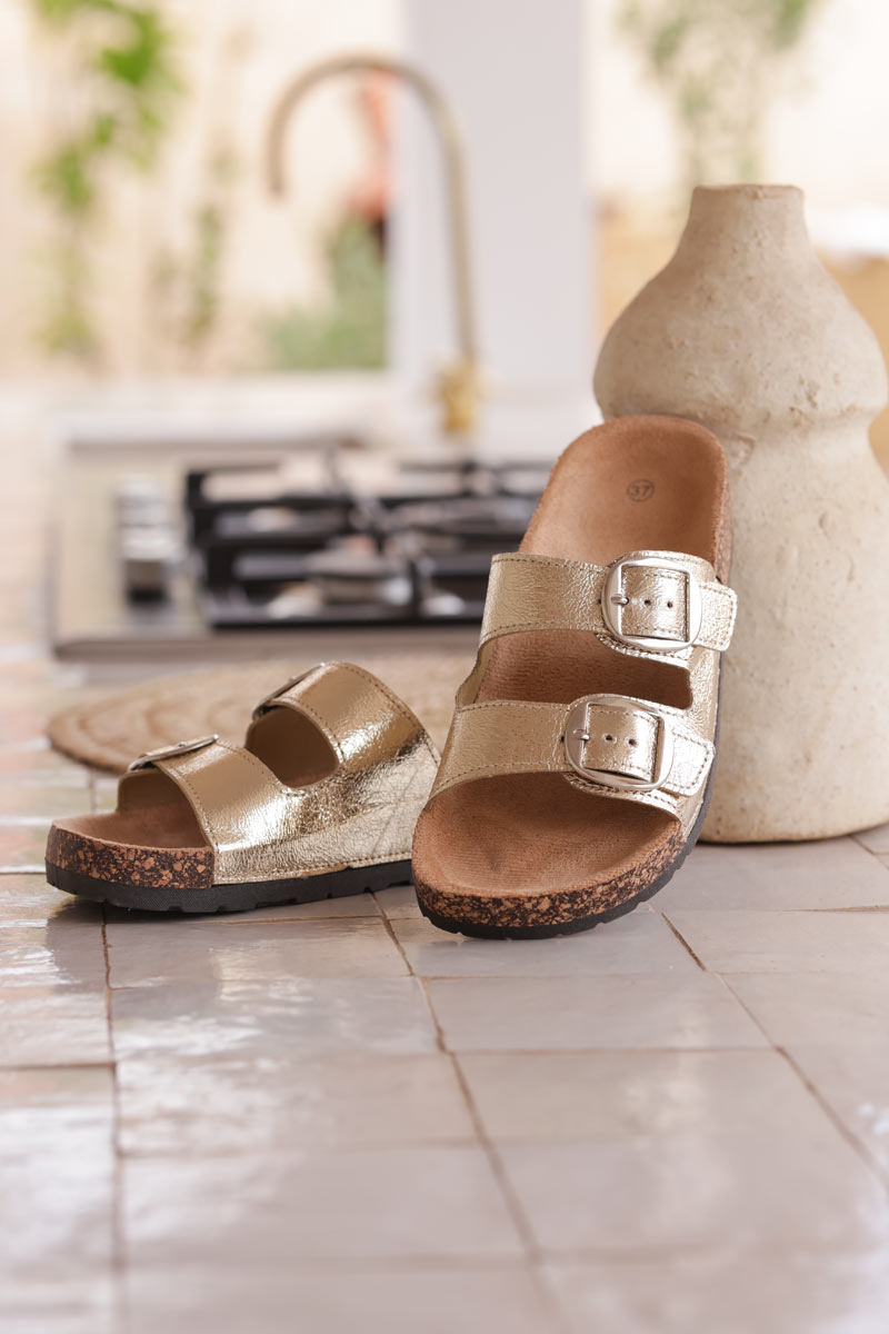 Gold mule sandals with double suedette straps and rounded buckles