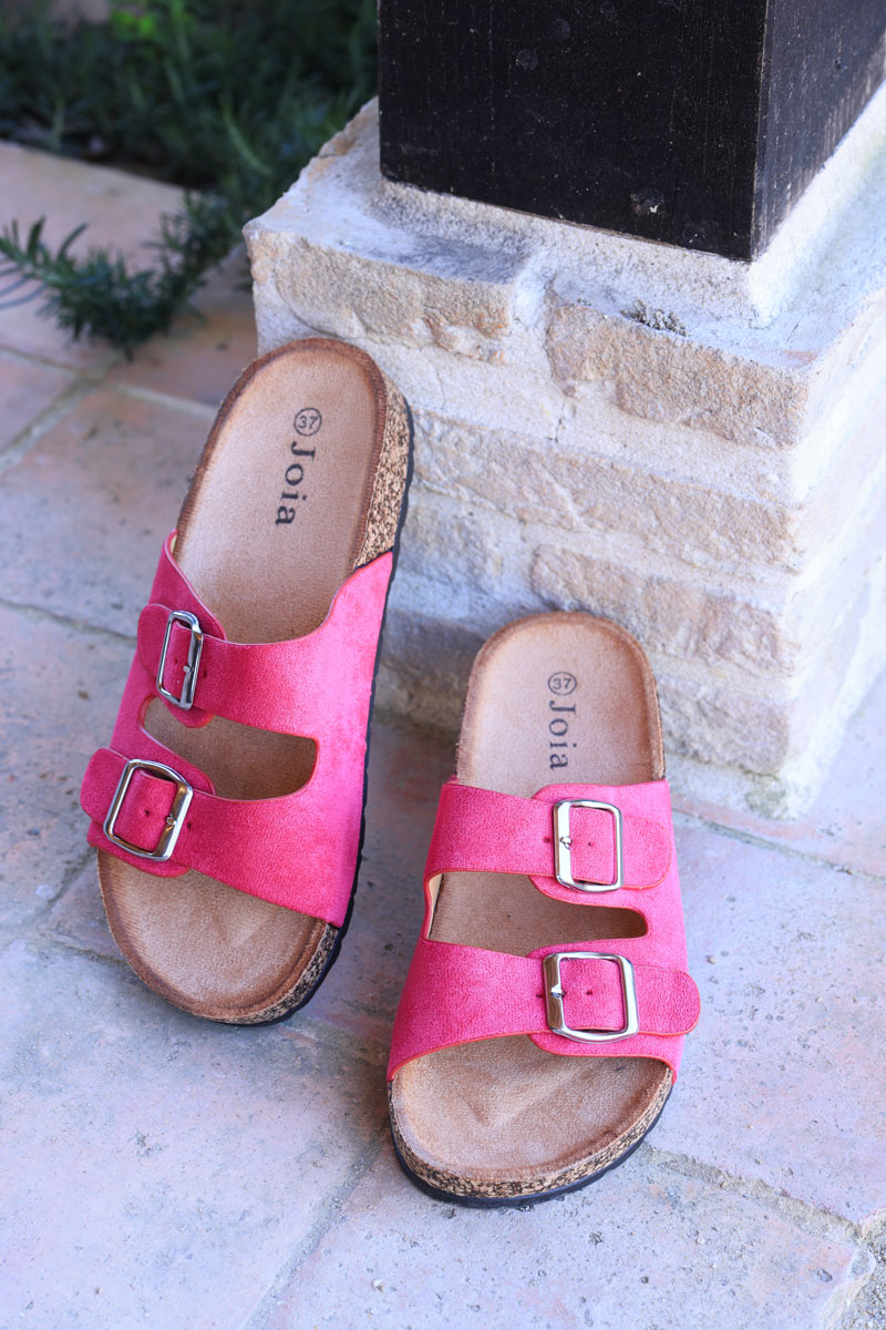 Fuchsia mule sandals with double suedette straps and square buckles