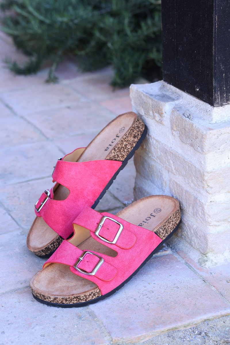Fuchsia mule sandals with double suedette straps and square buckles