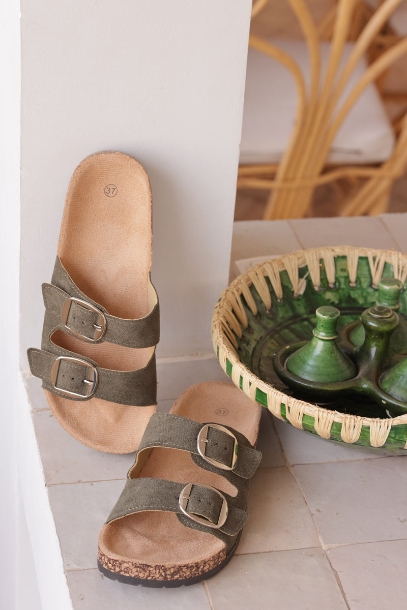 Khaki mule sandals with double suedette straps and rounded buckles