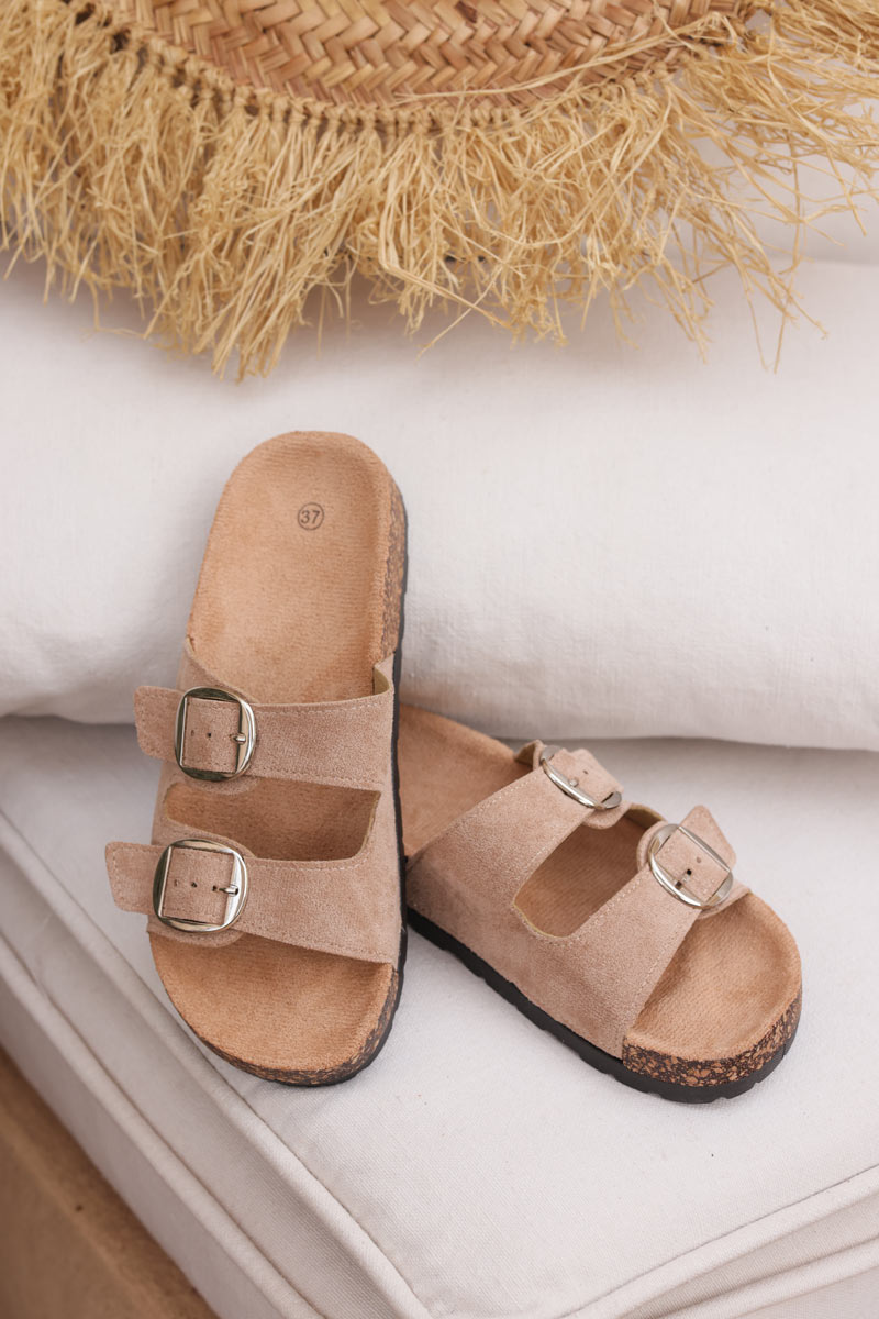 Taupe mule sandals with double suedette straps and rounded buckles
