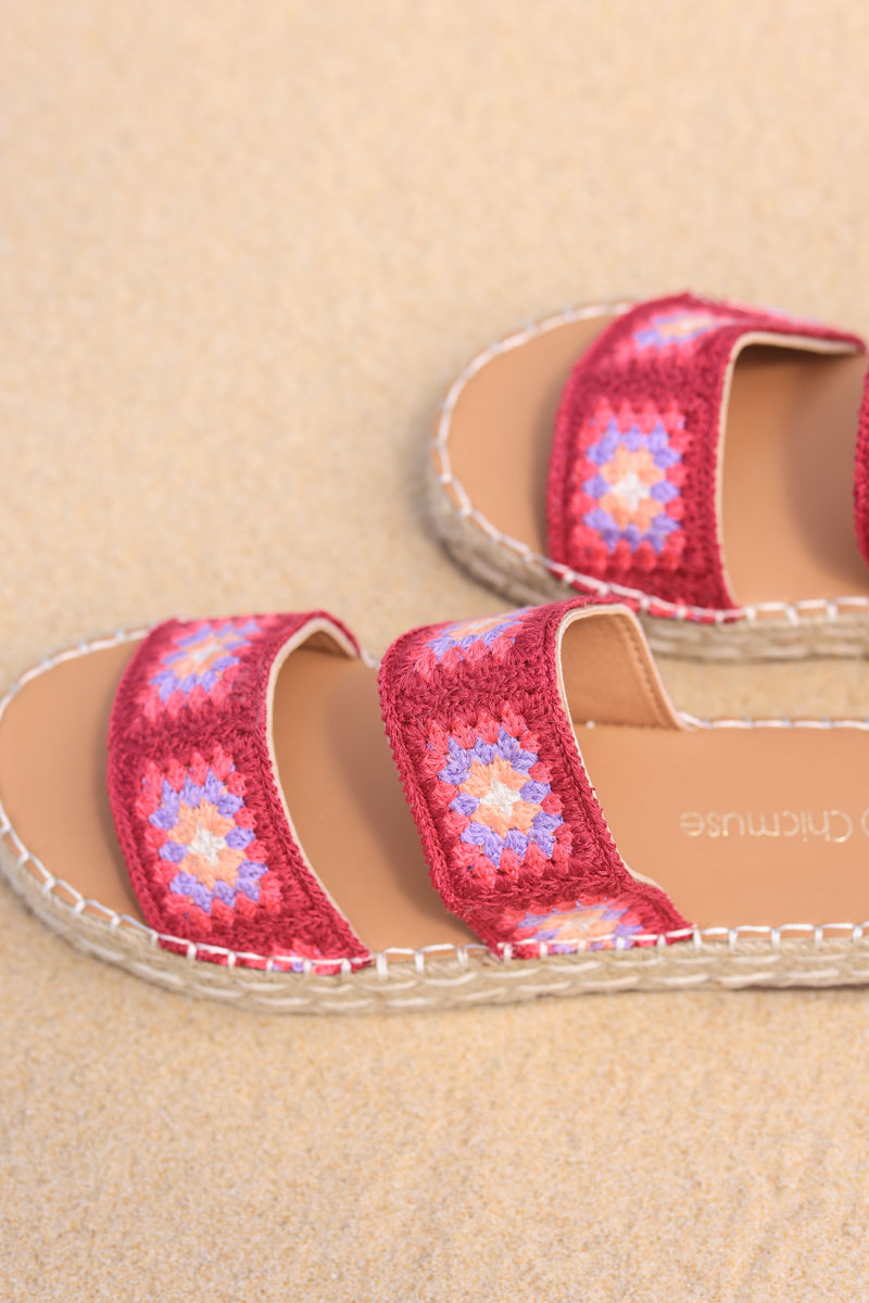 Fuchsia sandals with double colorful crochet straps and rope sole