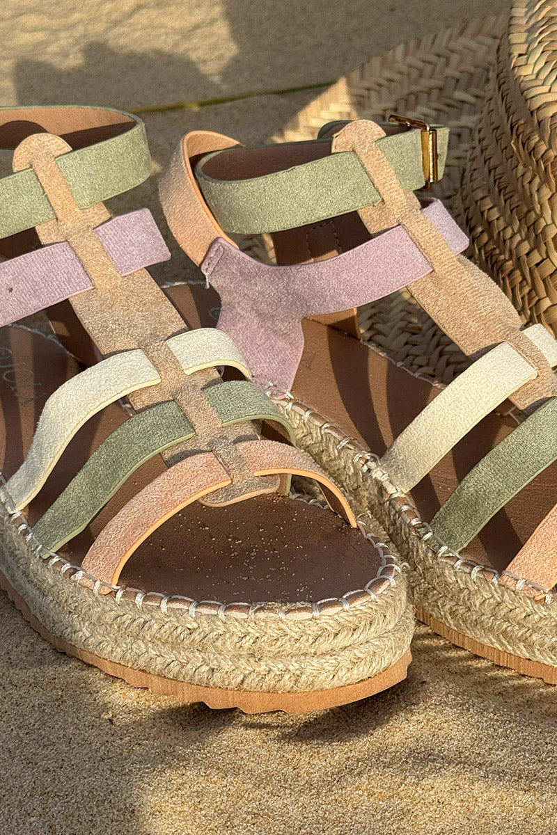 Sandales plateforme compensée en corde brides colorées pastel en suédine