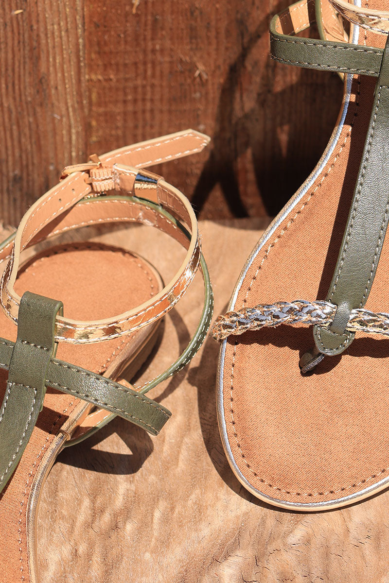 Khaki sandals with faux leather and gold woven straps