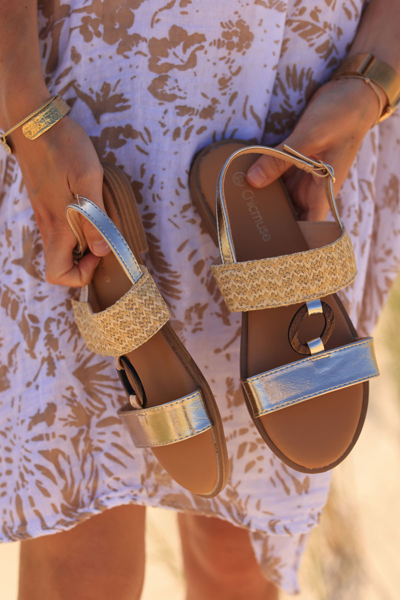 Beige raffia and golden strap comfort sole sandals