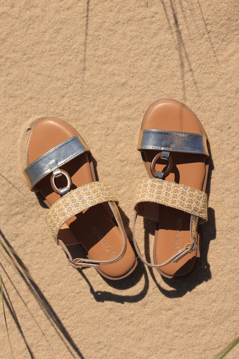 Beige raffia and golden strap comfort sole sandals
