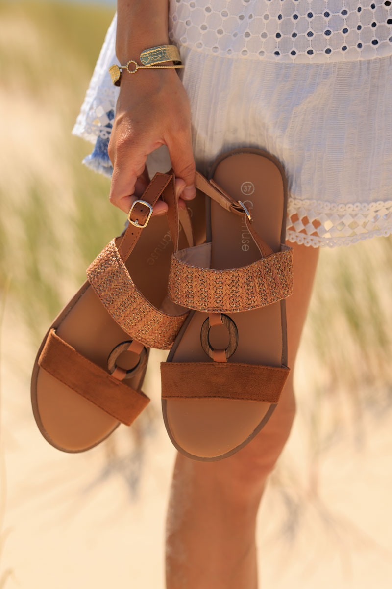 Camel raffia and suedette strap comfort sole sandals