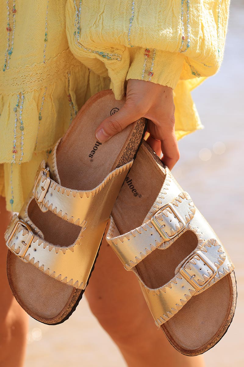 Gold faux leather sandals with double straps and metallic embroidery