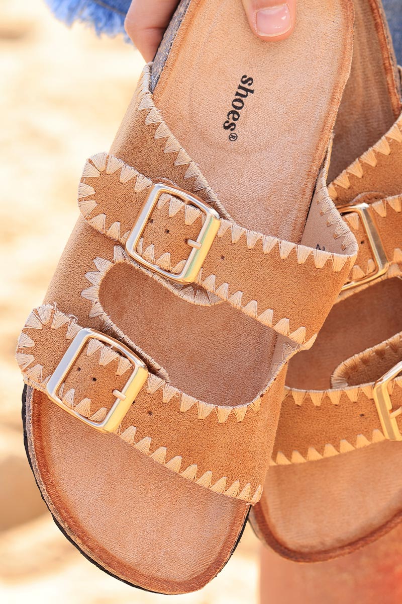 Camel suedette sandals with double straps and gold embroidery