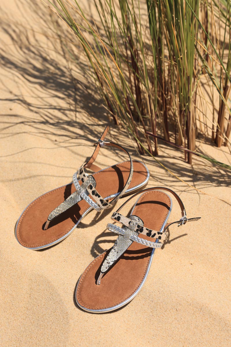 Strappy sandals with silver python and leopard print