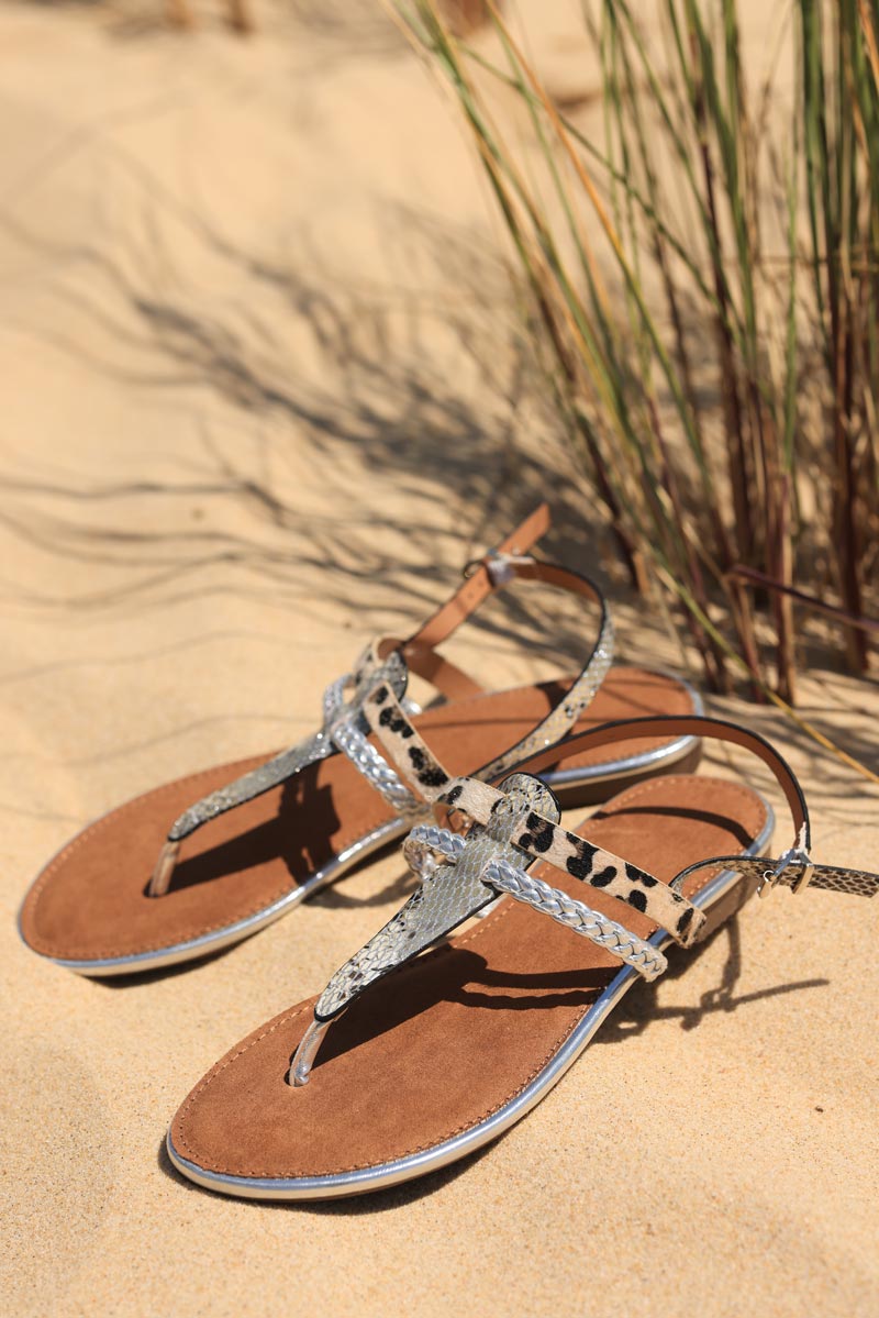 Strappy sandals with silver python and leopard print