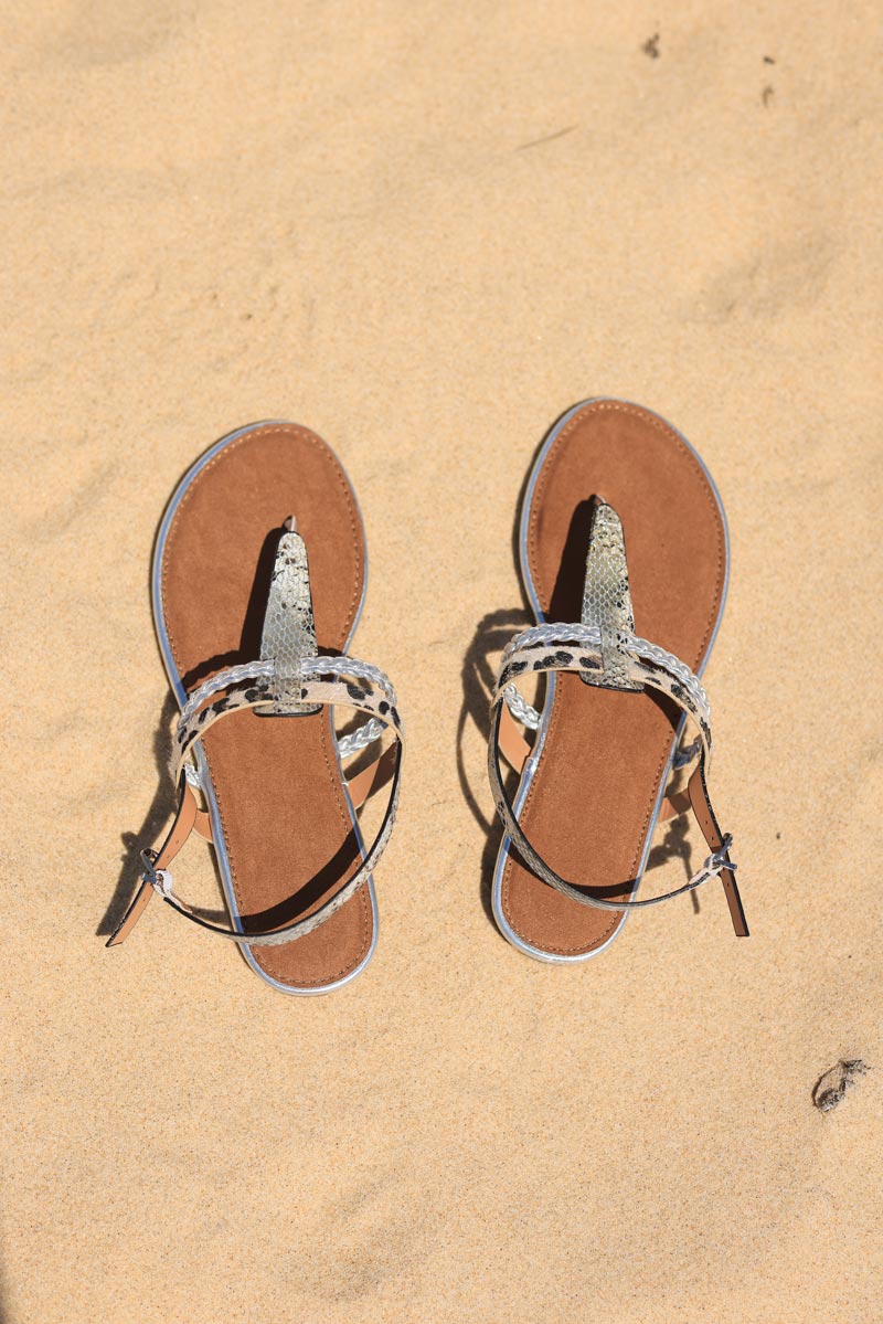 Strappy sandals with silver python and leopard print