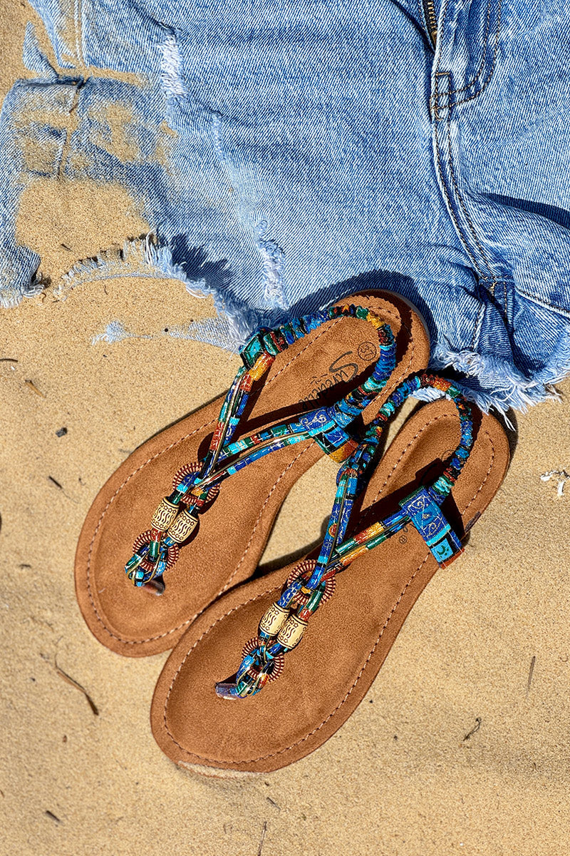 Blue Beaded Island Pattern Thong Sandals