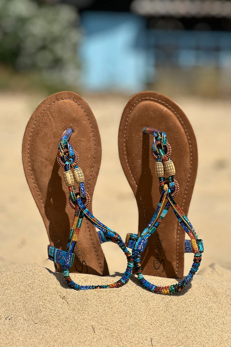 Blue Beaded Island Pattern Thong Sandals