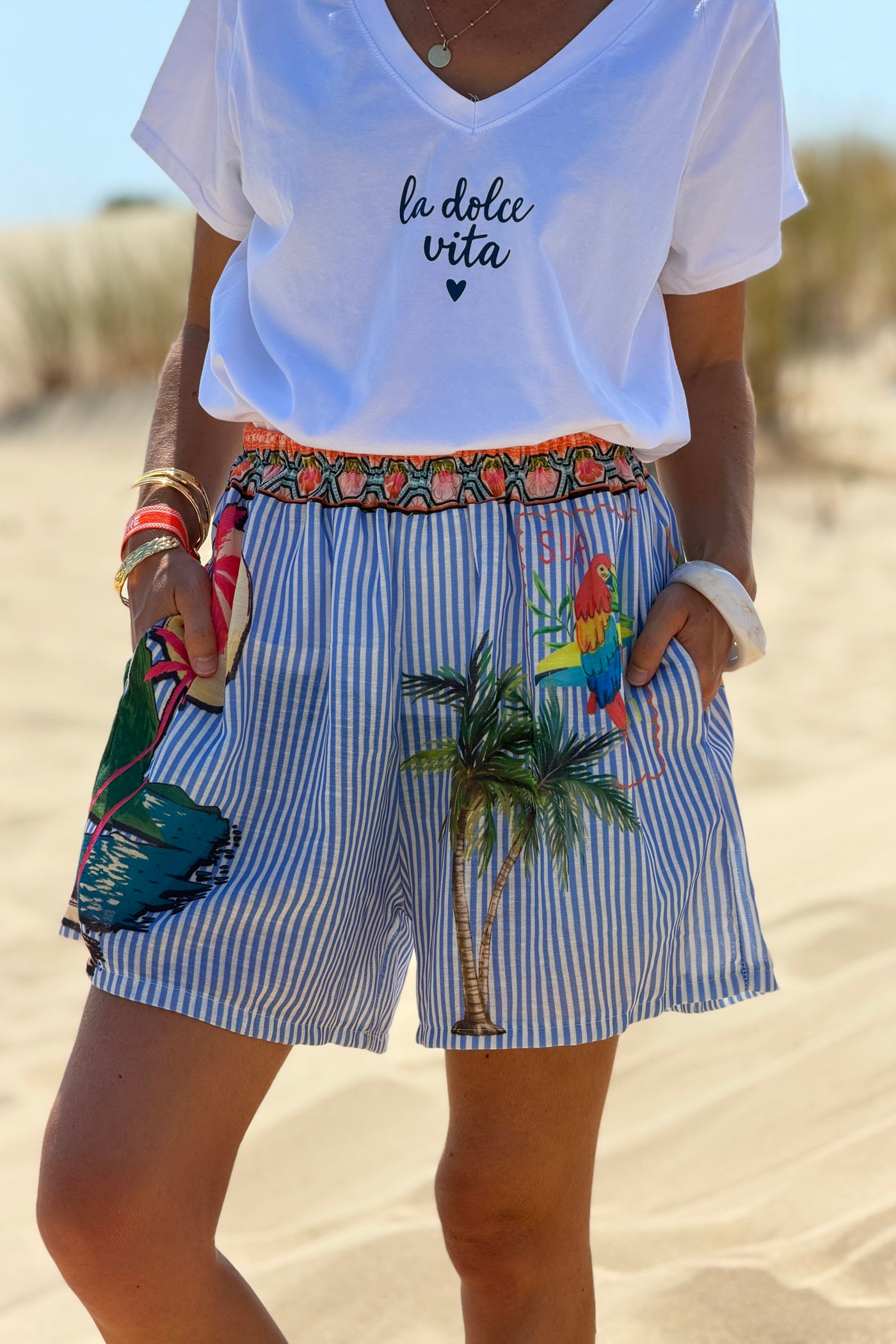 Short à rayures bleues imprimé Rio perroquets et palmiers colorés taille élastique