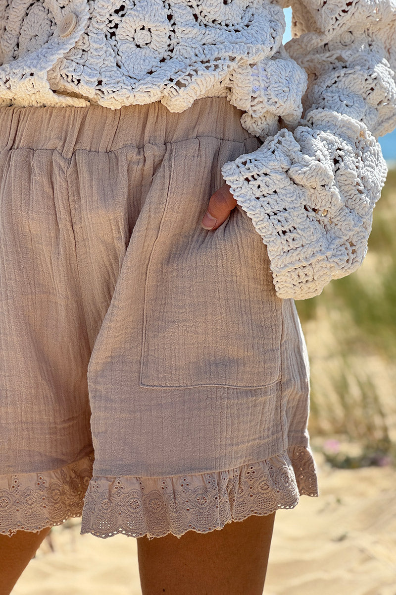 Beige Gauze Lace Trim Shorts