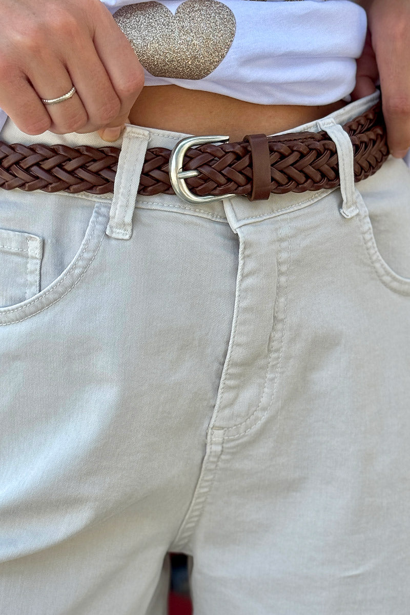 Beige Denim Belted Shorts