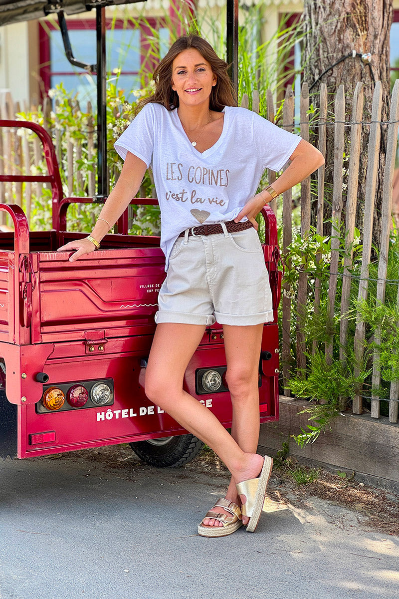 Beige Denim Belted Shorts