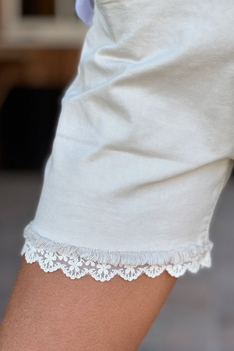 Beige Vintage Wash Lace Trim Jean Shorts